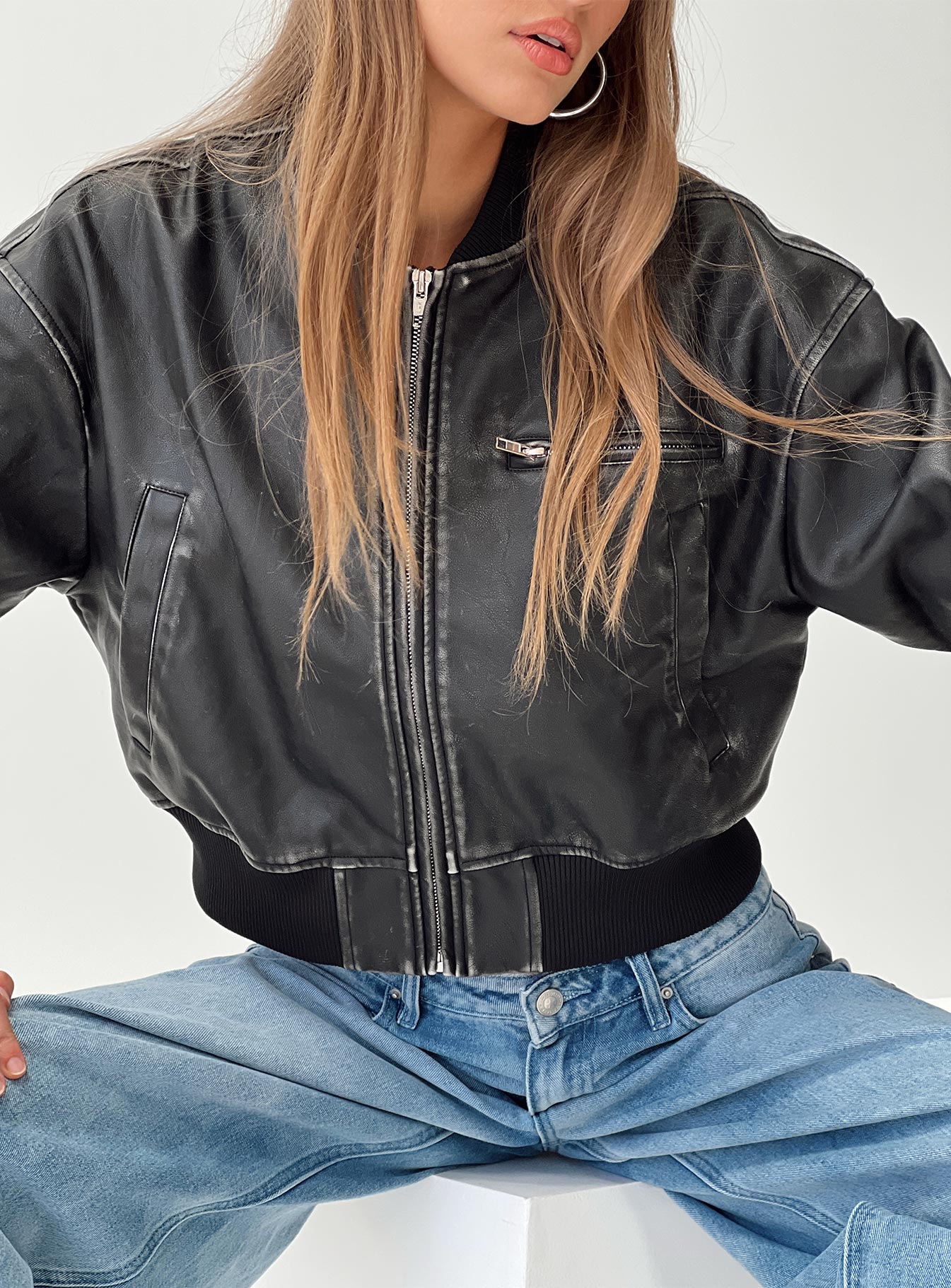 Sweet Disaster Faux Leather Cropped Bomber Jacket Black