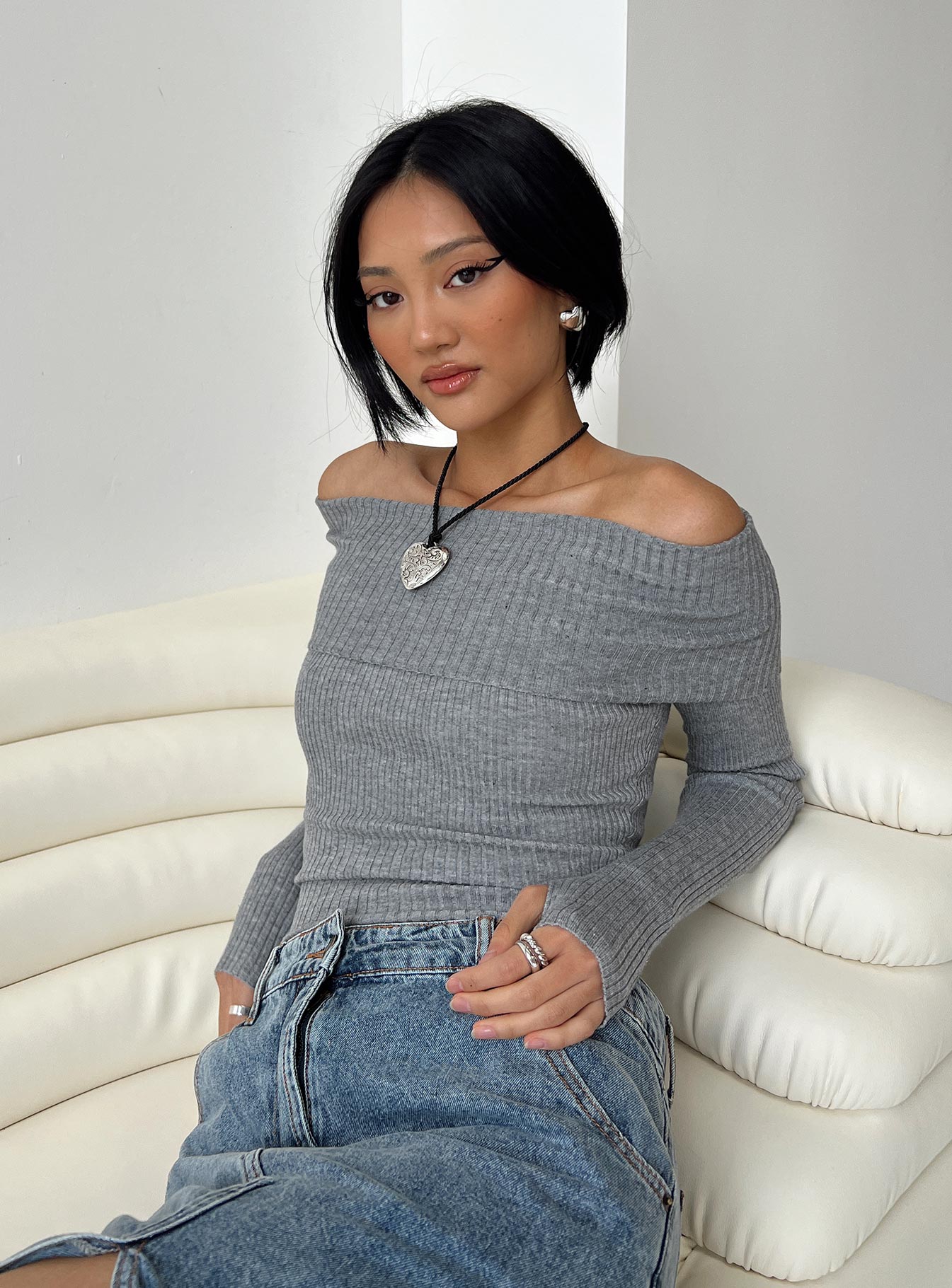 Morley Off Shoulder Sweater Grey Marle