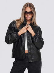 Missed Call Faux Leather Bomber Jacket Black