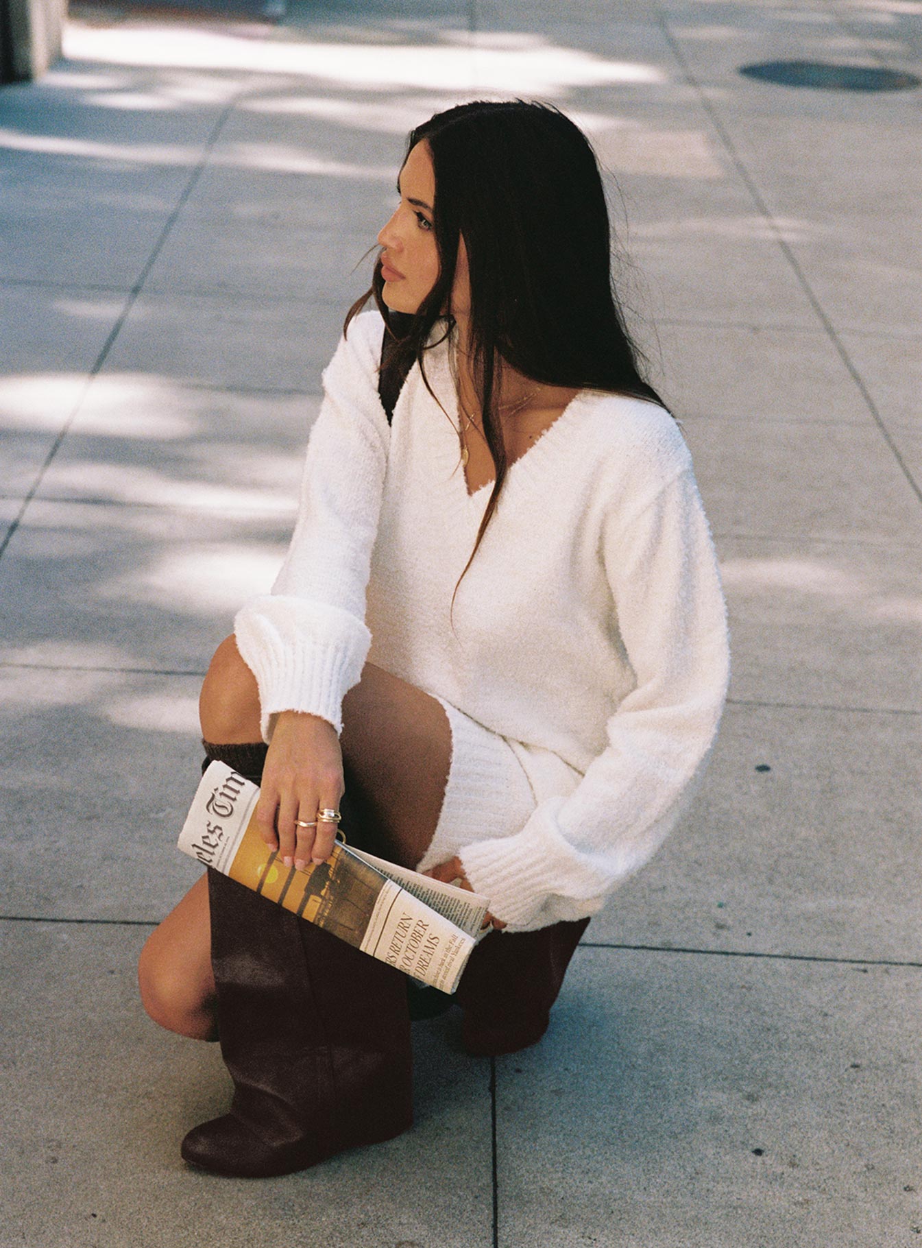 Fine Line Long Sleeve Knit Mini Dress White