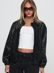 Missed Call Faux Leather Bomber Jacket Black