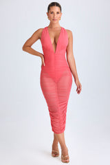 Ruched Plunge Midaxi Dress in Coral