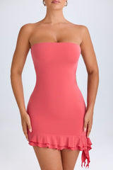 Ruffle-Trim Cut-Out Bandeau Mini Dress in Coral