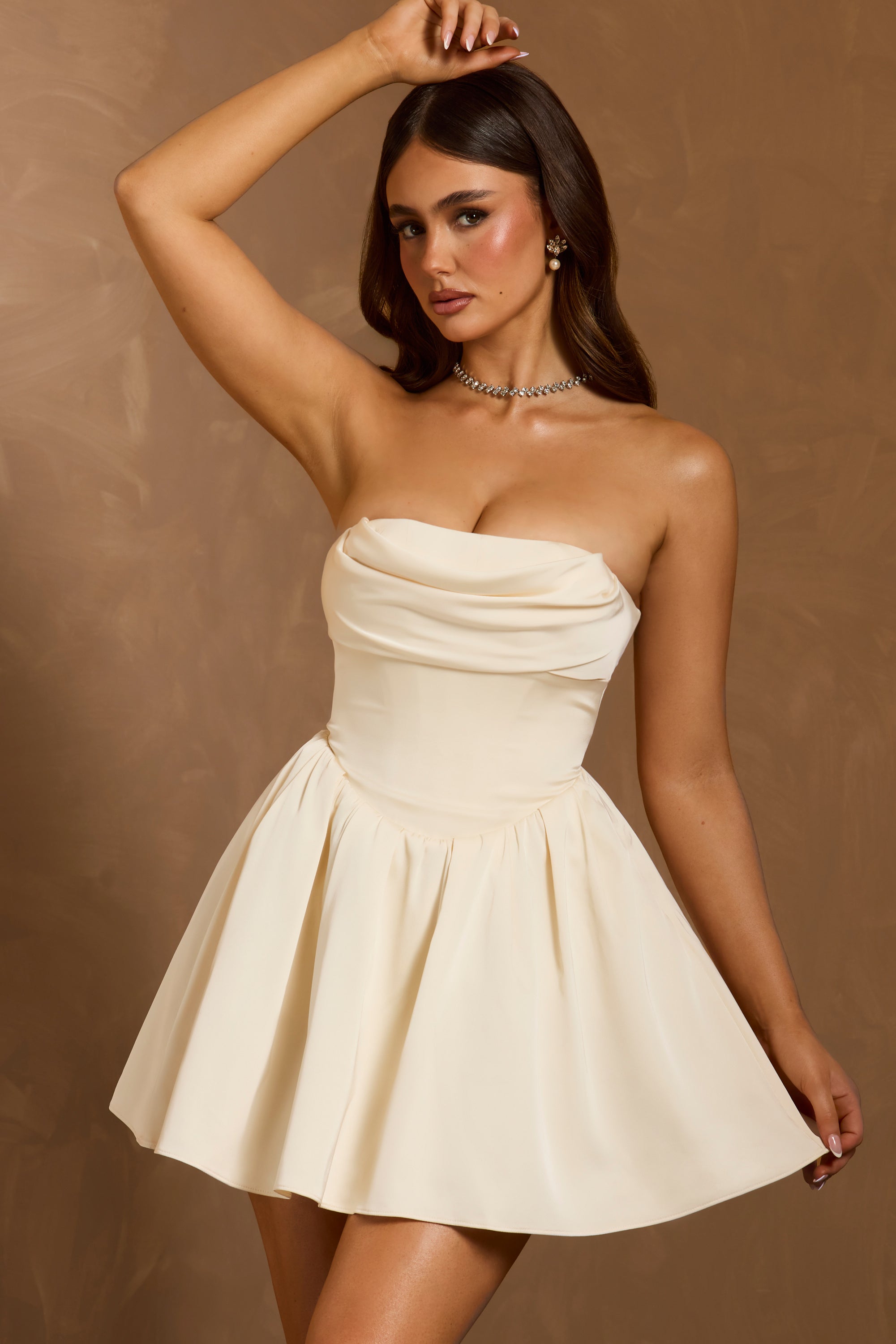 Cowl-Neck Corset Mini Dress in Ivory