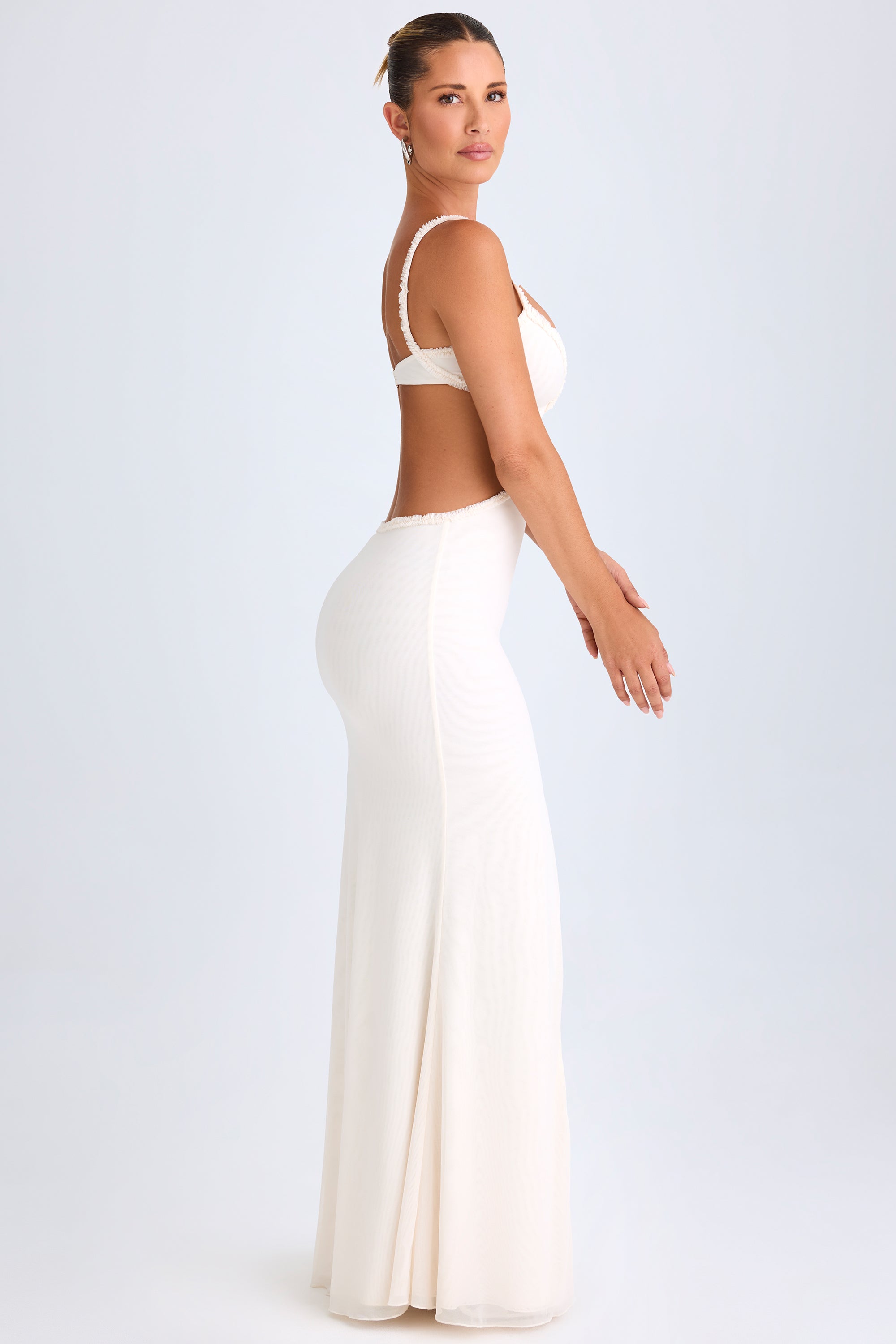 Ruffle-Appliqué Cut-Out Maxi Dress in White