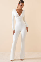 Modal Ruched Plunge Flared Jumpsuit in White