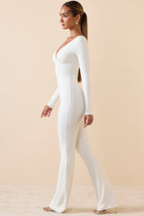 Modal Ruched Plunge Flared Jumpsuit in White