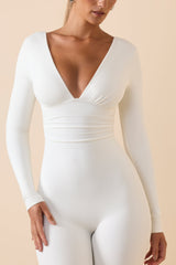 Modal Ruched Plunge Flared Jumpsuit in White