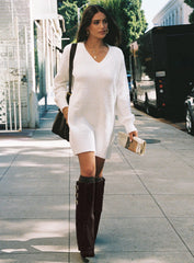 Fine Line Long Sleeve Knit Mini Dress White