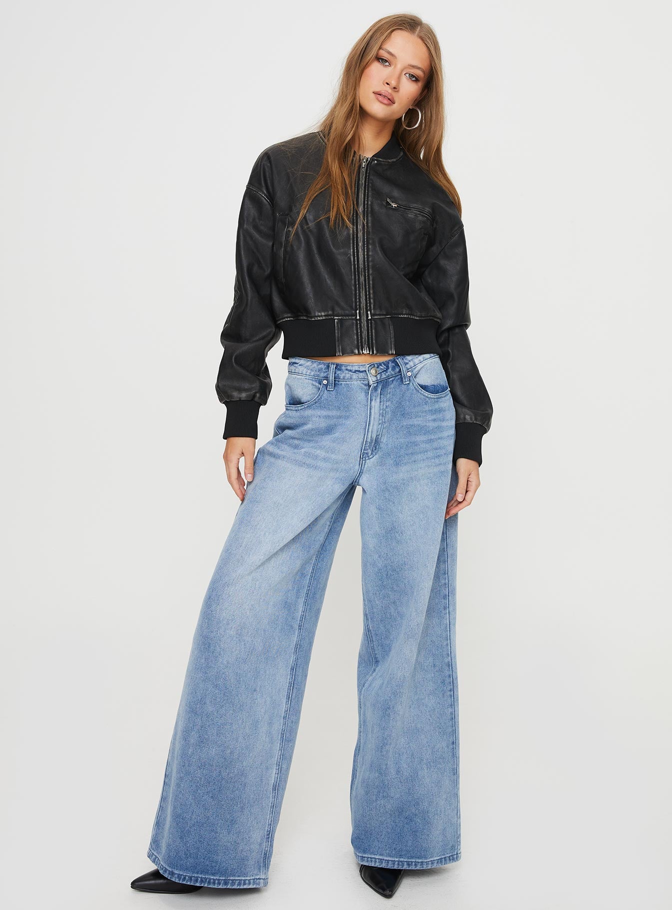 Sweet Disaster Faux Leather Cropped Bomber Jacket Black