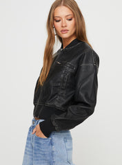 Sweet Disaster Faux Leather Cropped Bomber Jacket Black