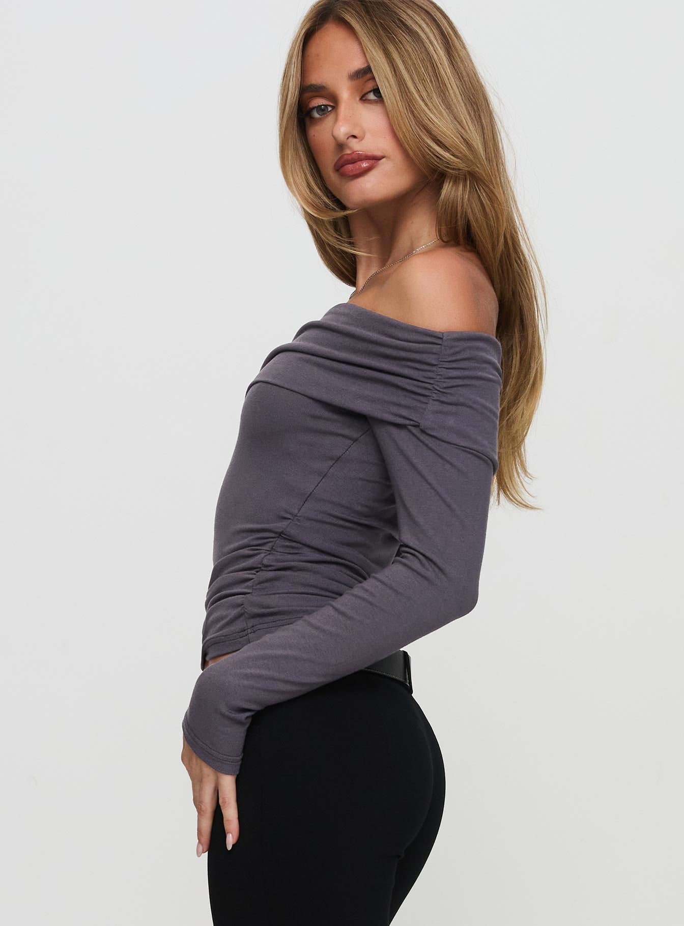 Erving Long Sleeve Off Shoulder Top Slate