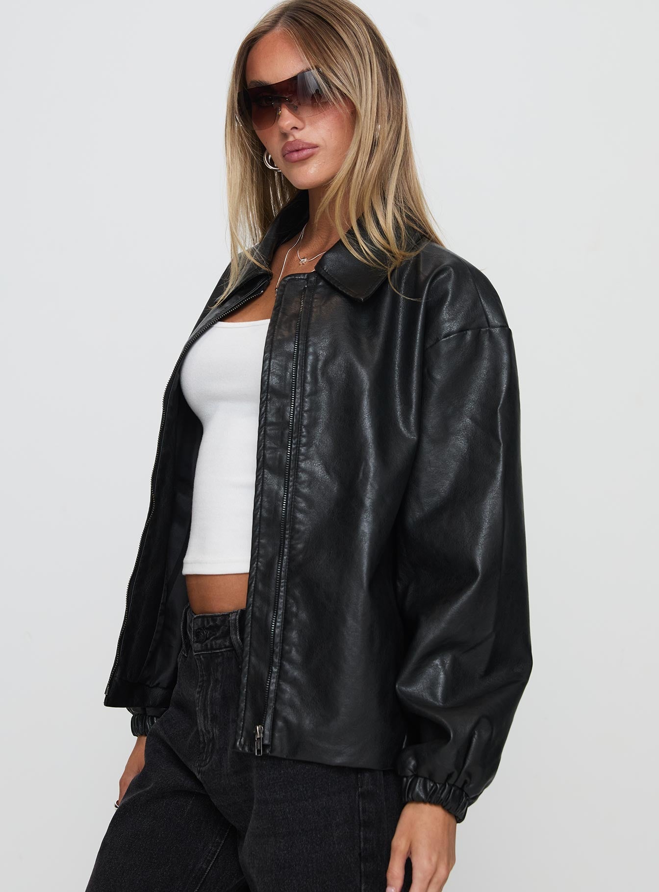 Missed Call Faux Leather Bomber Jacket Black