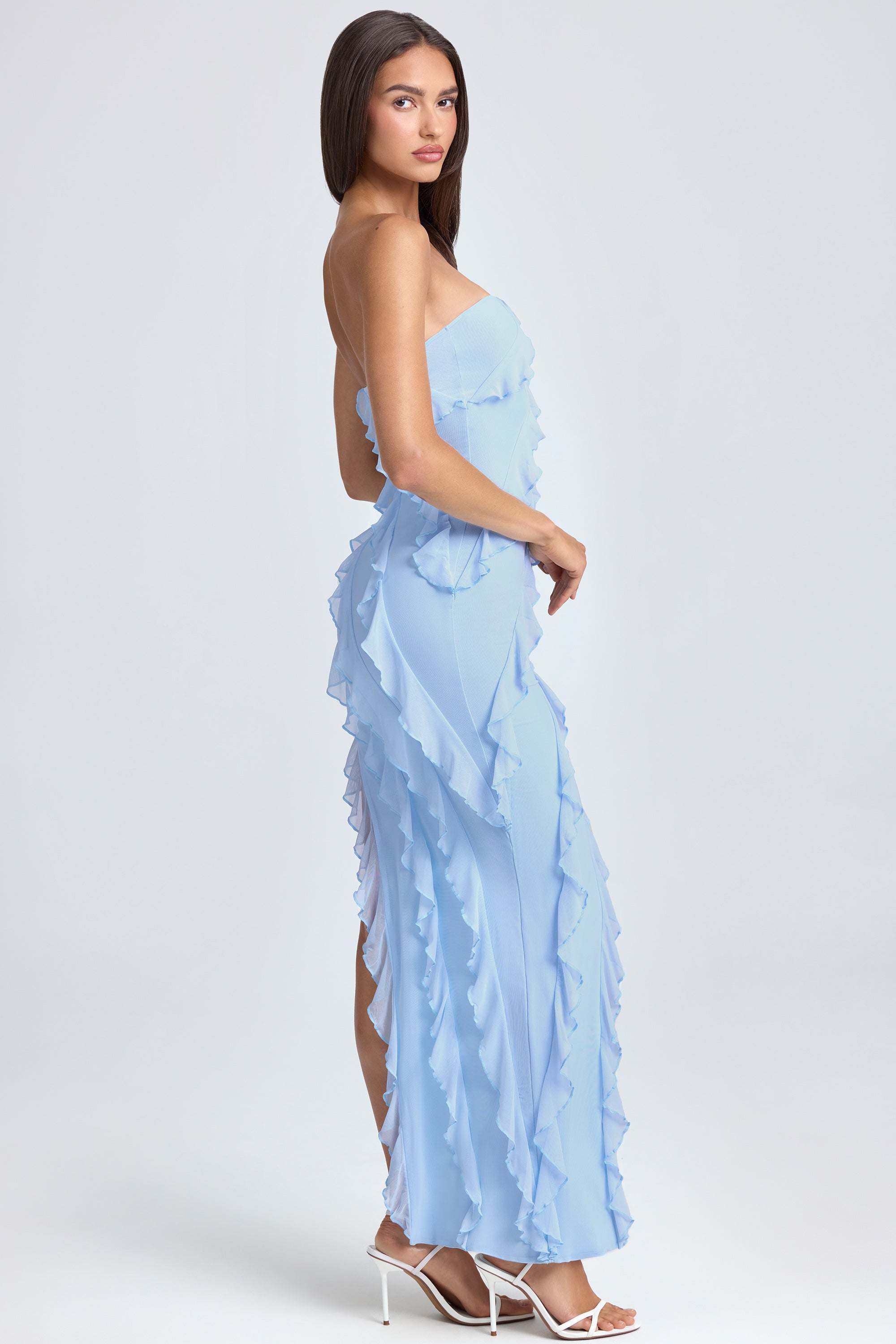 Bandeau Ruffle-Trim Maxi Dress in Powder Blue