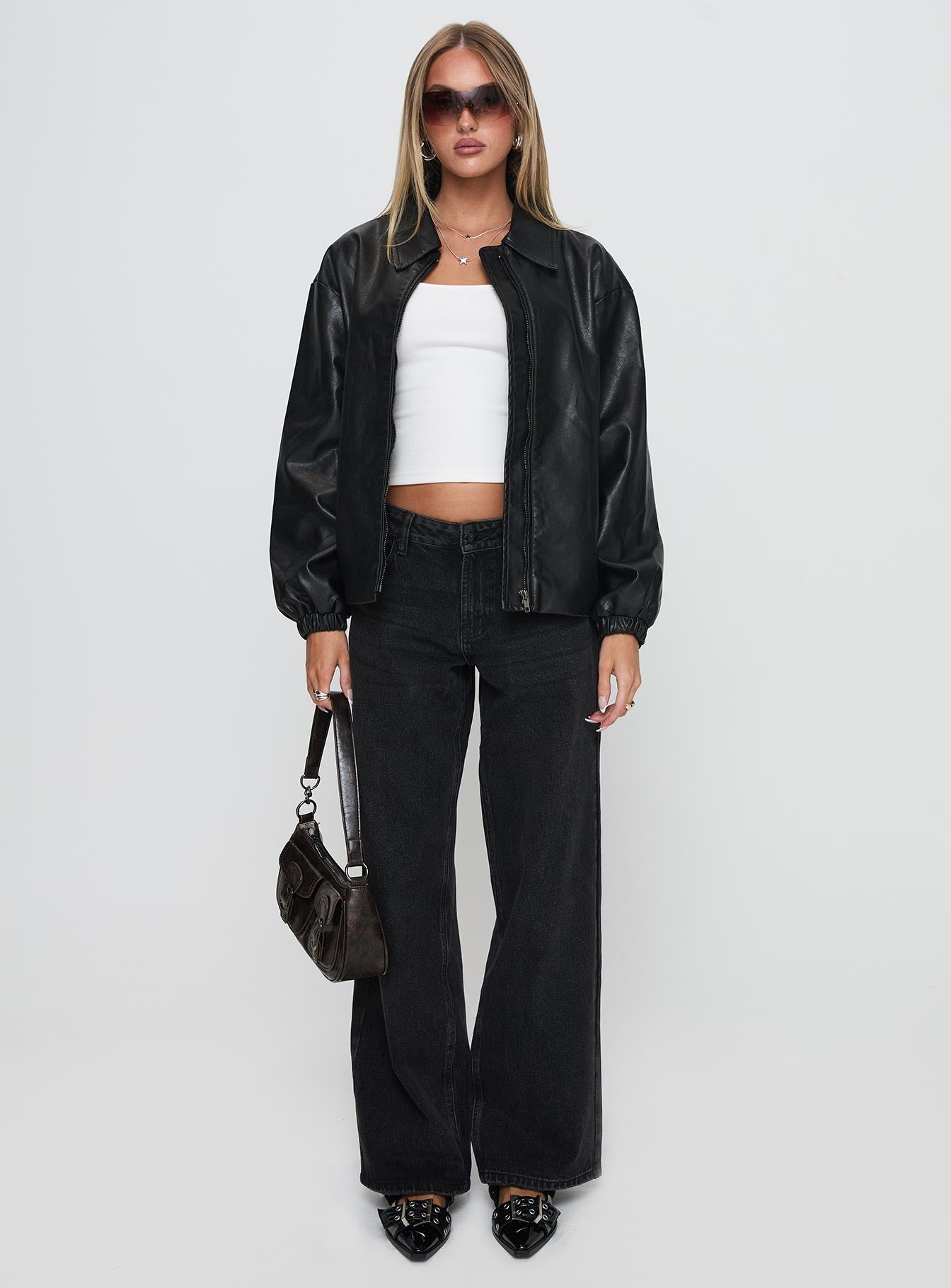 Missed Call Faux Leather Bomber Jacket Black