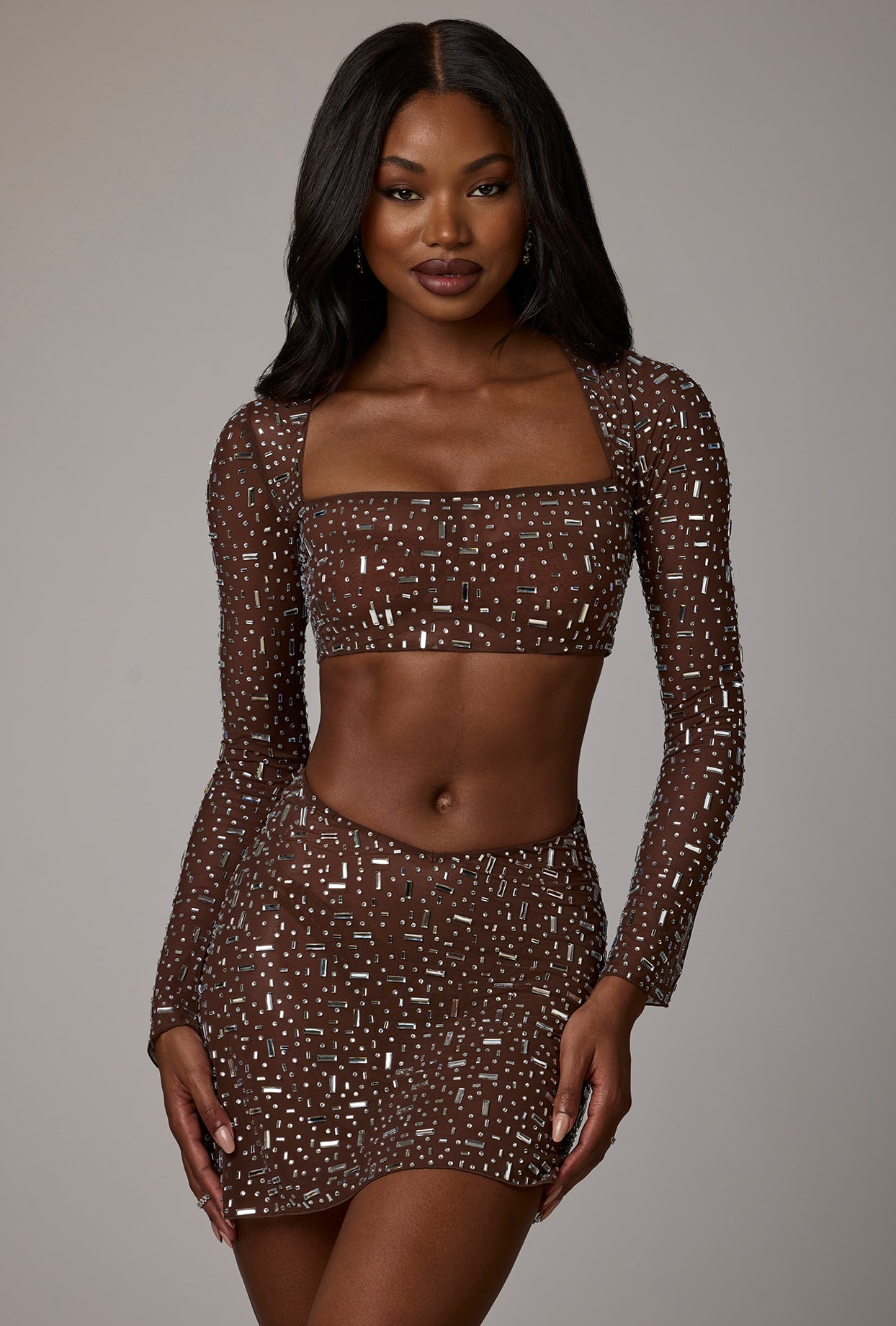 Sheer Embellished V Waist Mini Skirt in Deep Cocoa