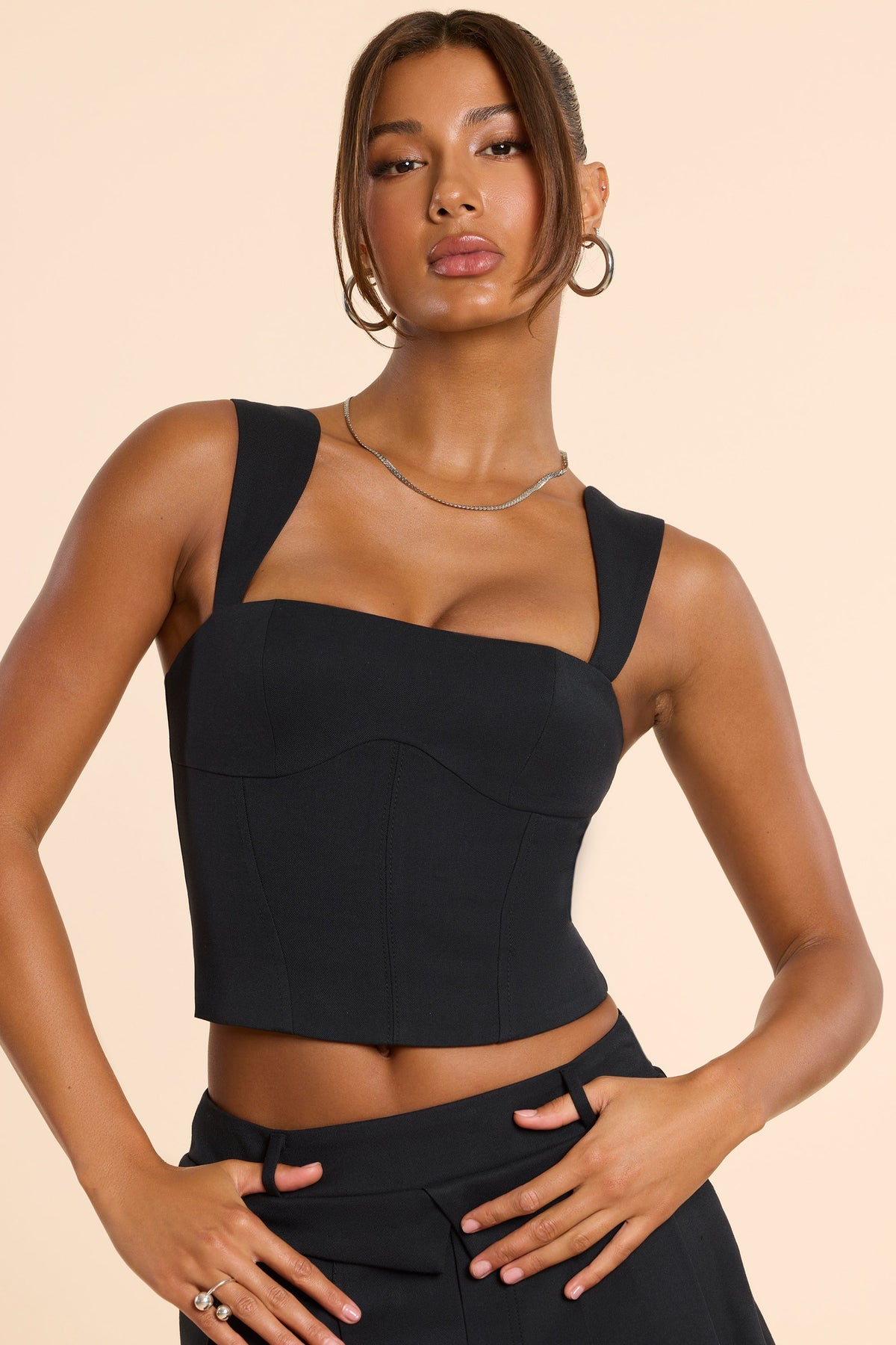 Brushed Twill Square Neck Tailored Top in Black