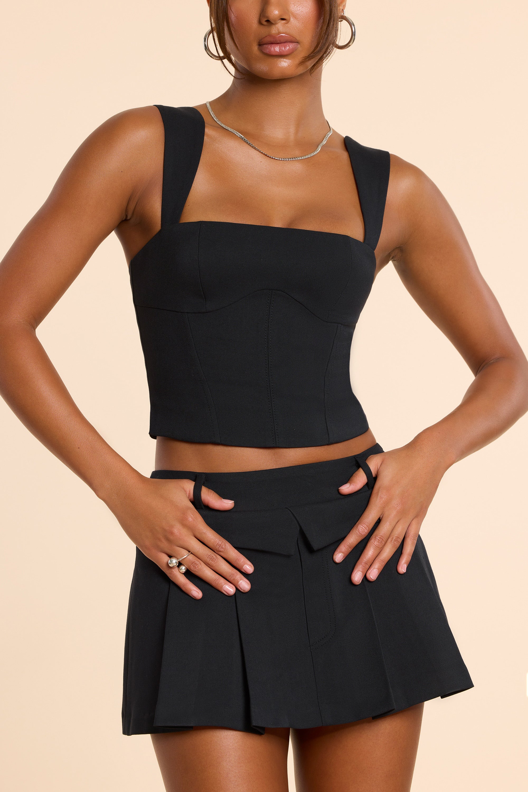 Brushed Twill Square Neck Tailored Top in Black