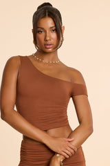 Asymmetric Neck Ruched Modal Cashmere Blend Top in Chestnut Brown