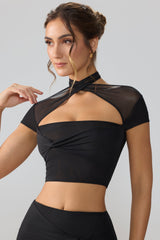 Mesh Cap Sleeve Cut Out Crop Top in Black