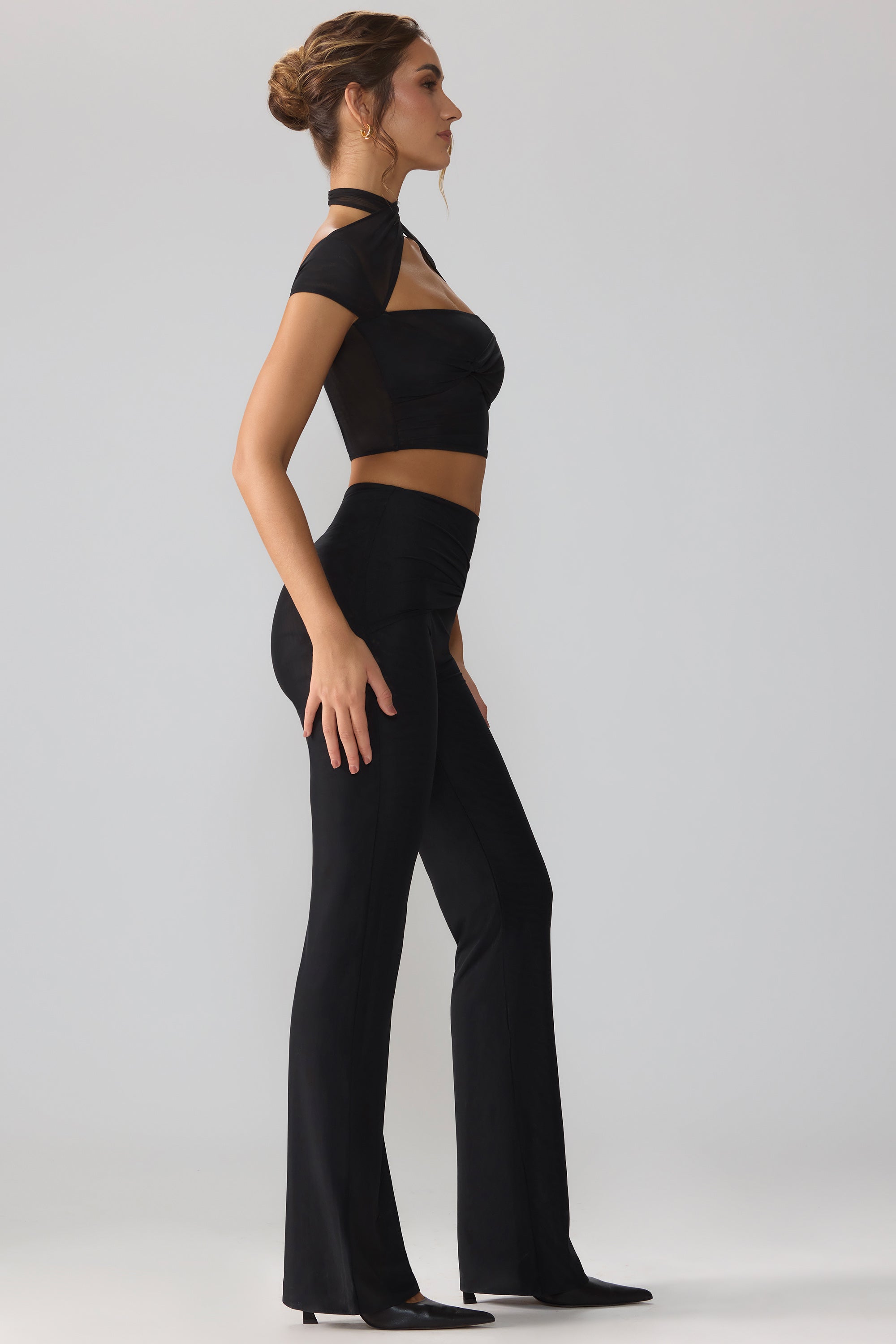 Mesh Mid Rise Twist Overlay Flare Trousers in Black