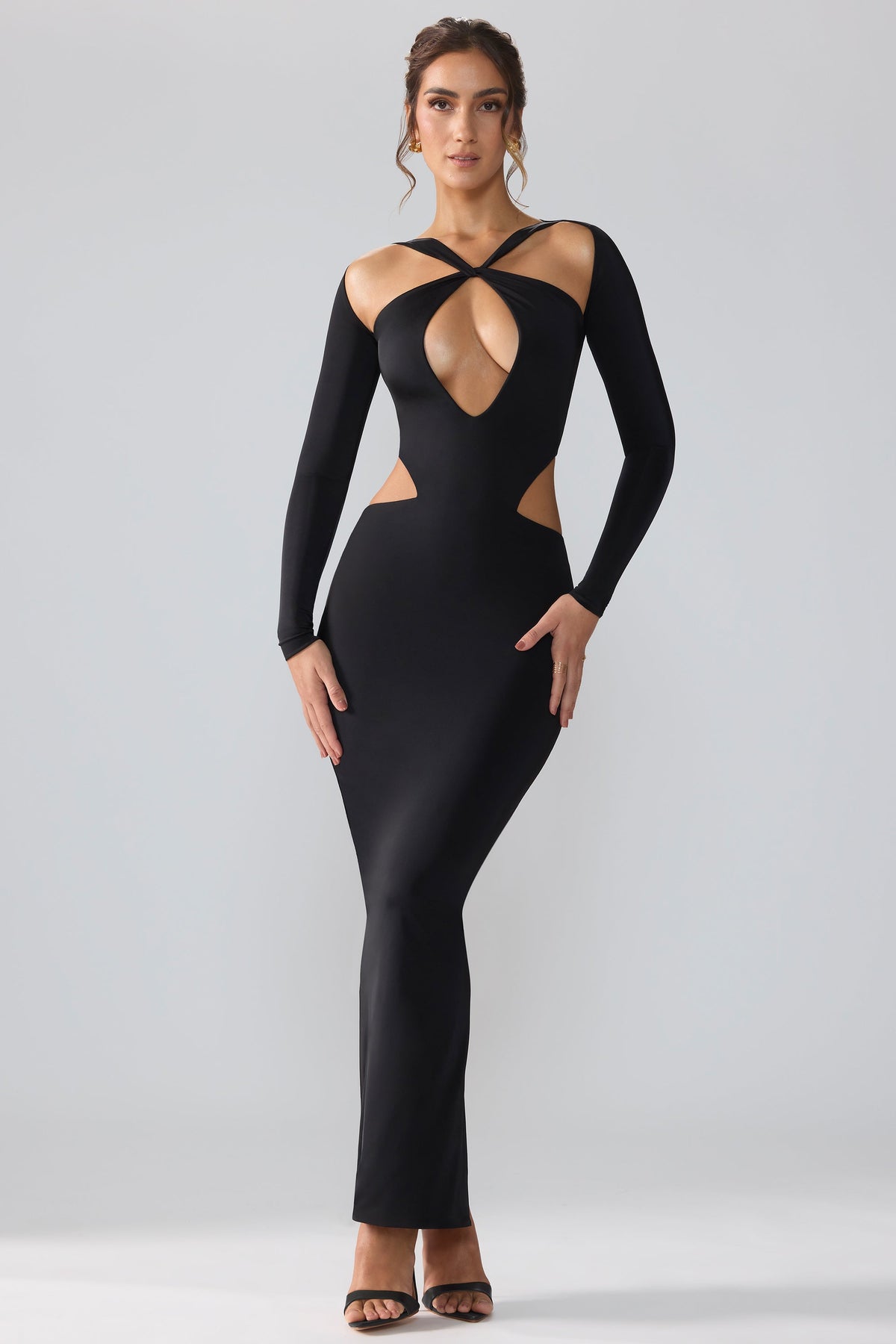 Premium Jersey Long Sleeve Cut Out Maxi Dress in Black