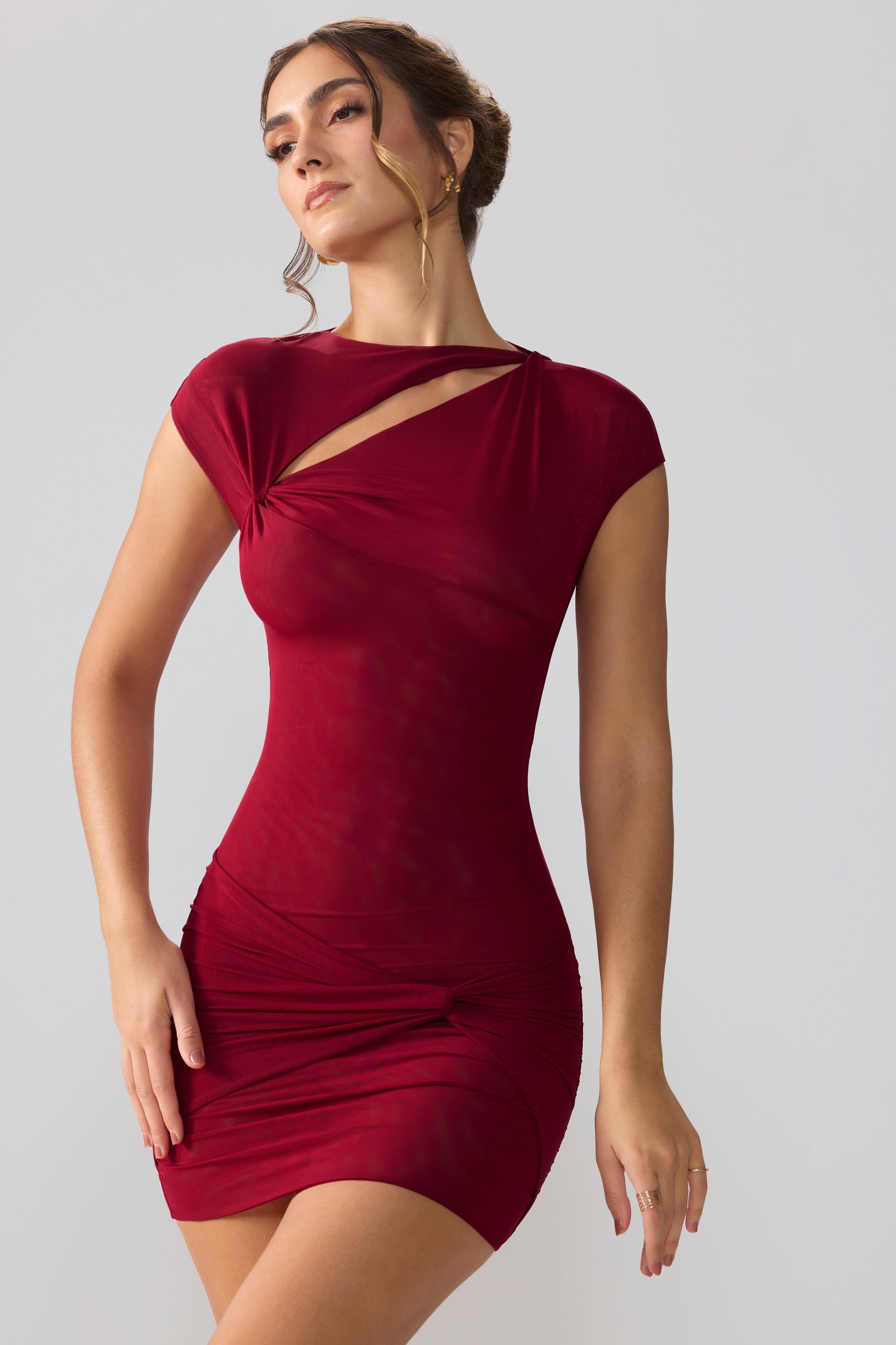 Mesh Cap Sleeve Cut Out Mini Dress in Ruby