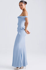 Off-Shoulder Ruffle-Trim Gown in Light Blue