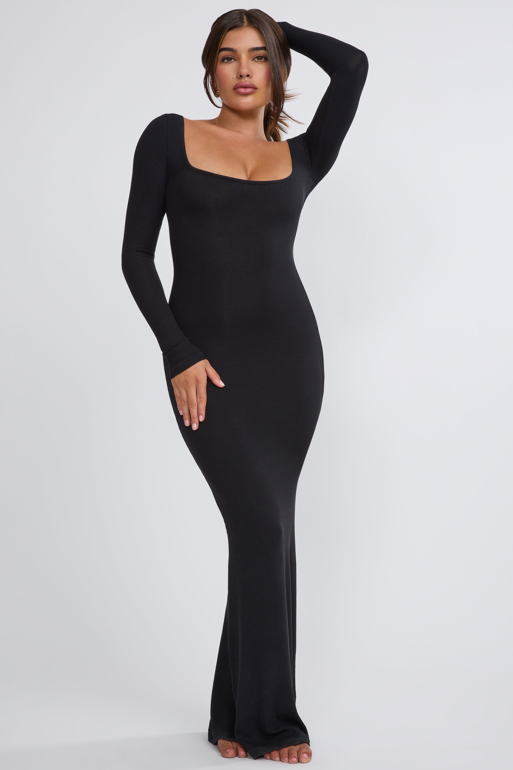 Ribbed Modal Long Sleeve Maxi Dress in Black