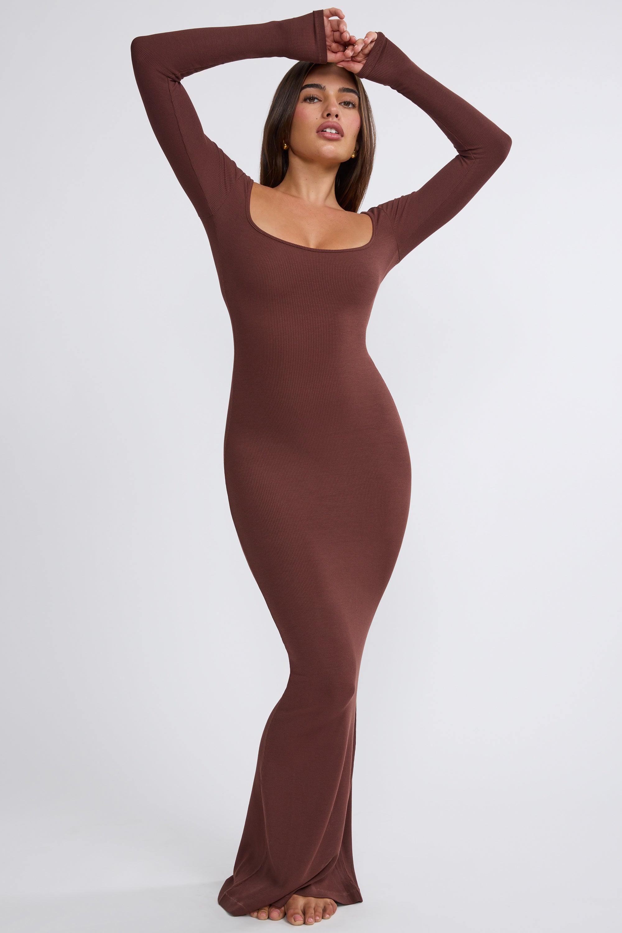 Ribbed Modal Long Sleeve Maxi Dress in Chocolate