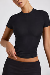 Ribbed Modal High Neck Top in Black