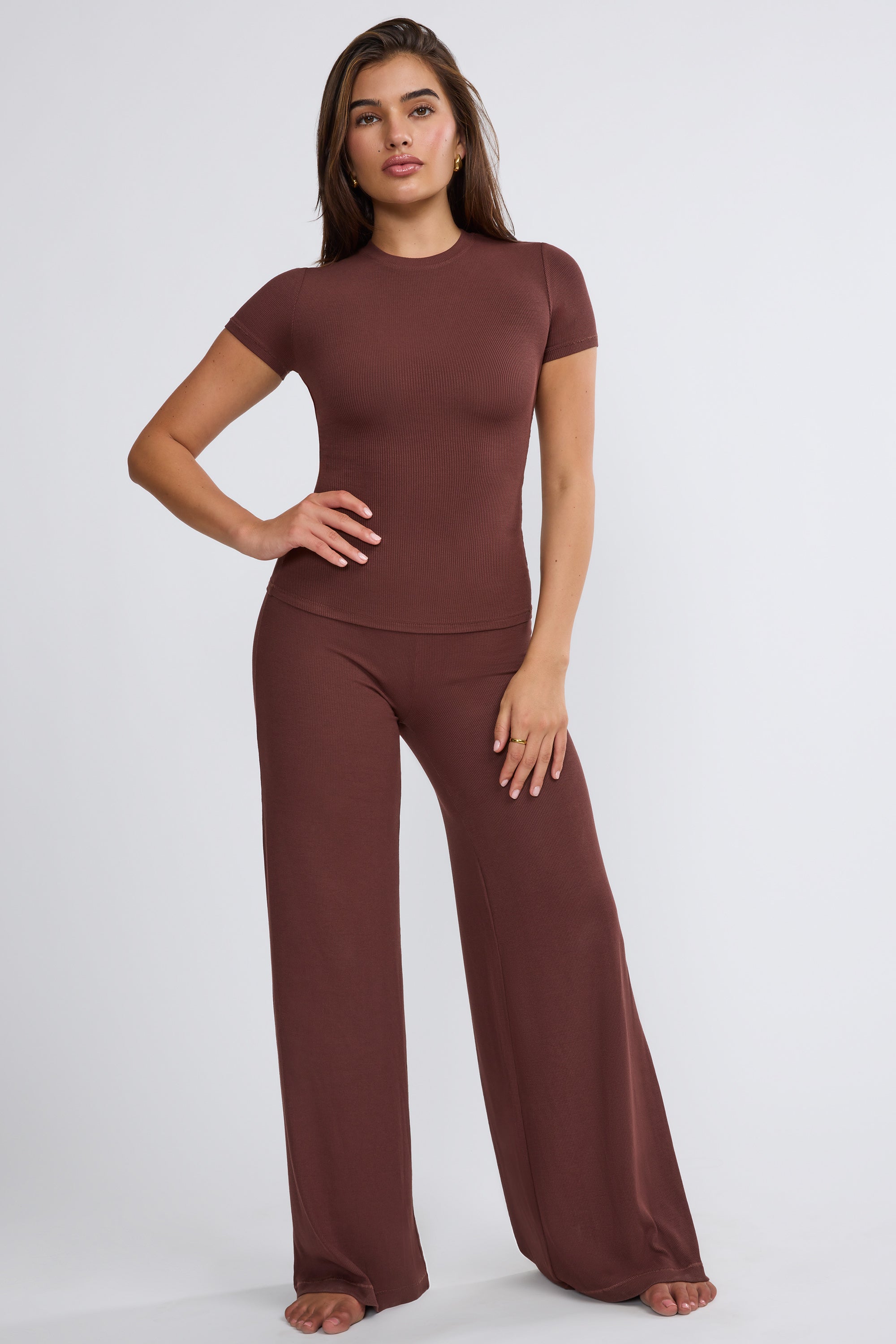 Mid Rise Wide Leg Trouser in Chocolate