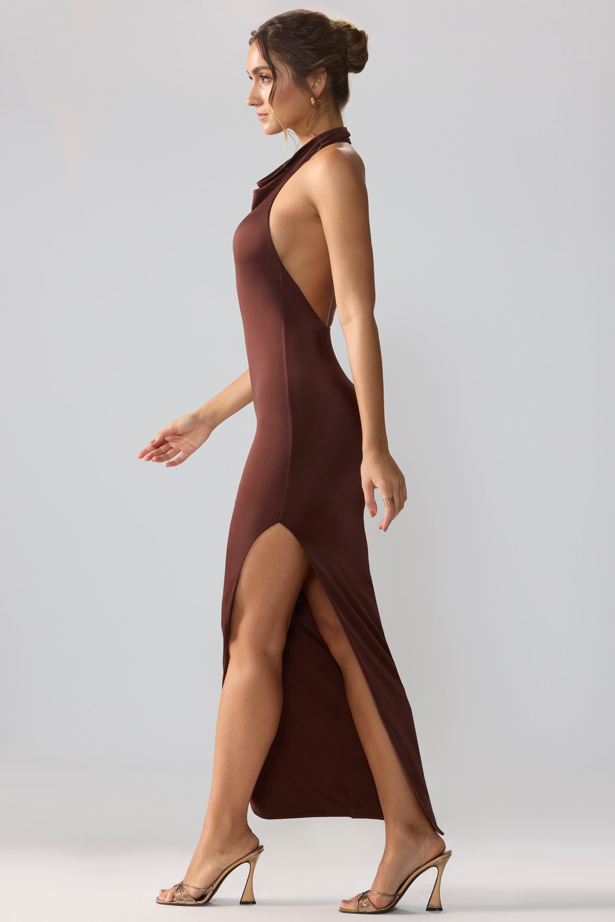 Premium Jersey Cowl Neck Backless Maxi Dress in Espresso