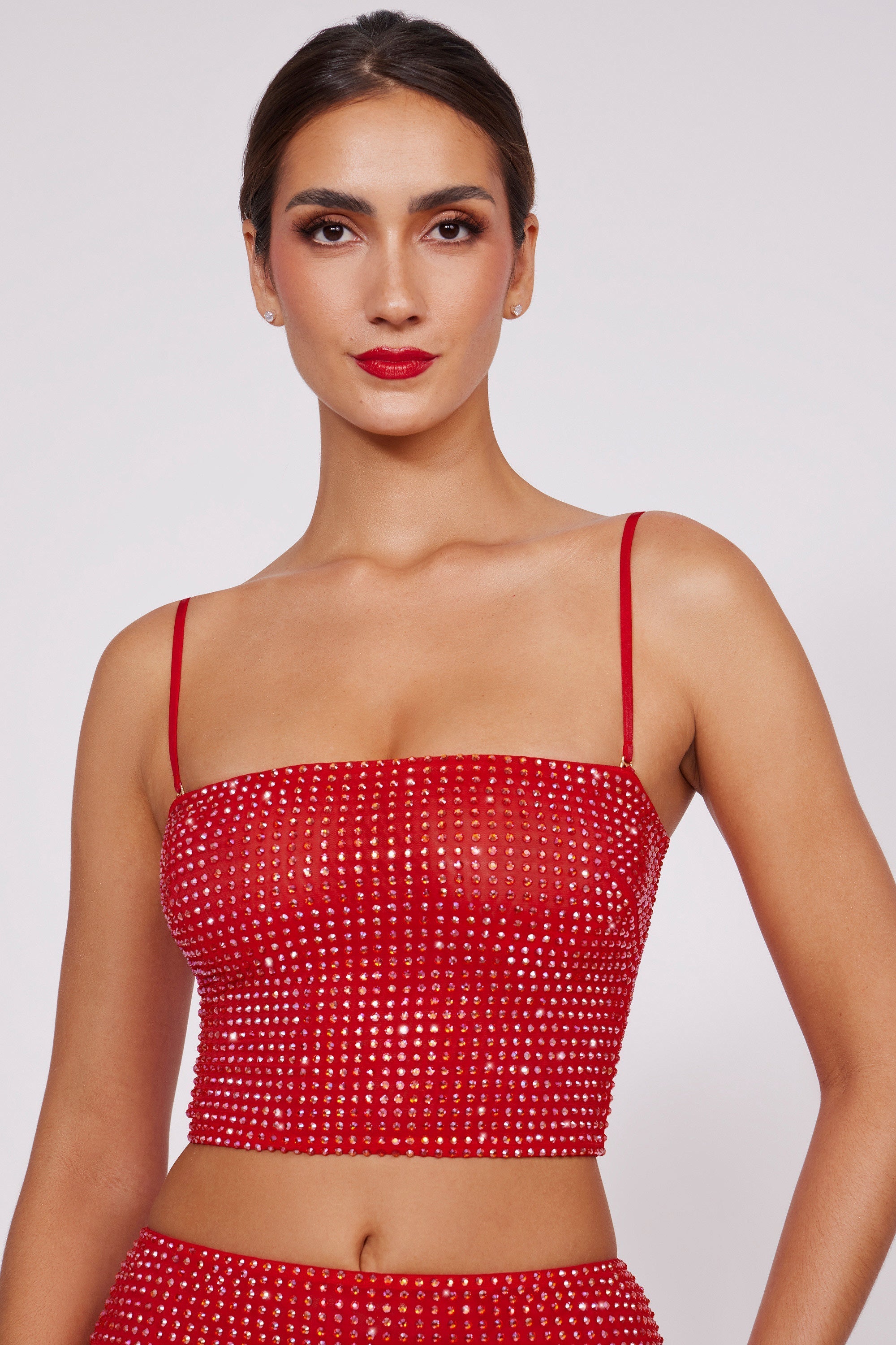 Embellished Strapless Crop Top in Fire Red