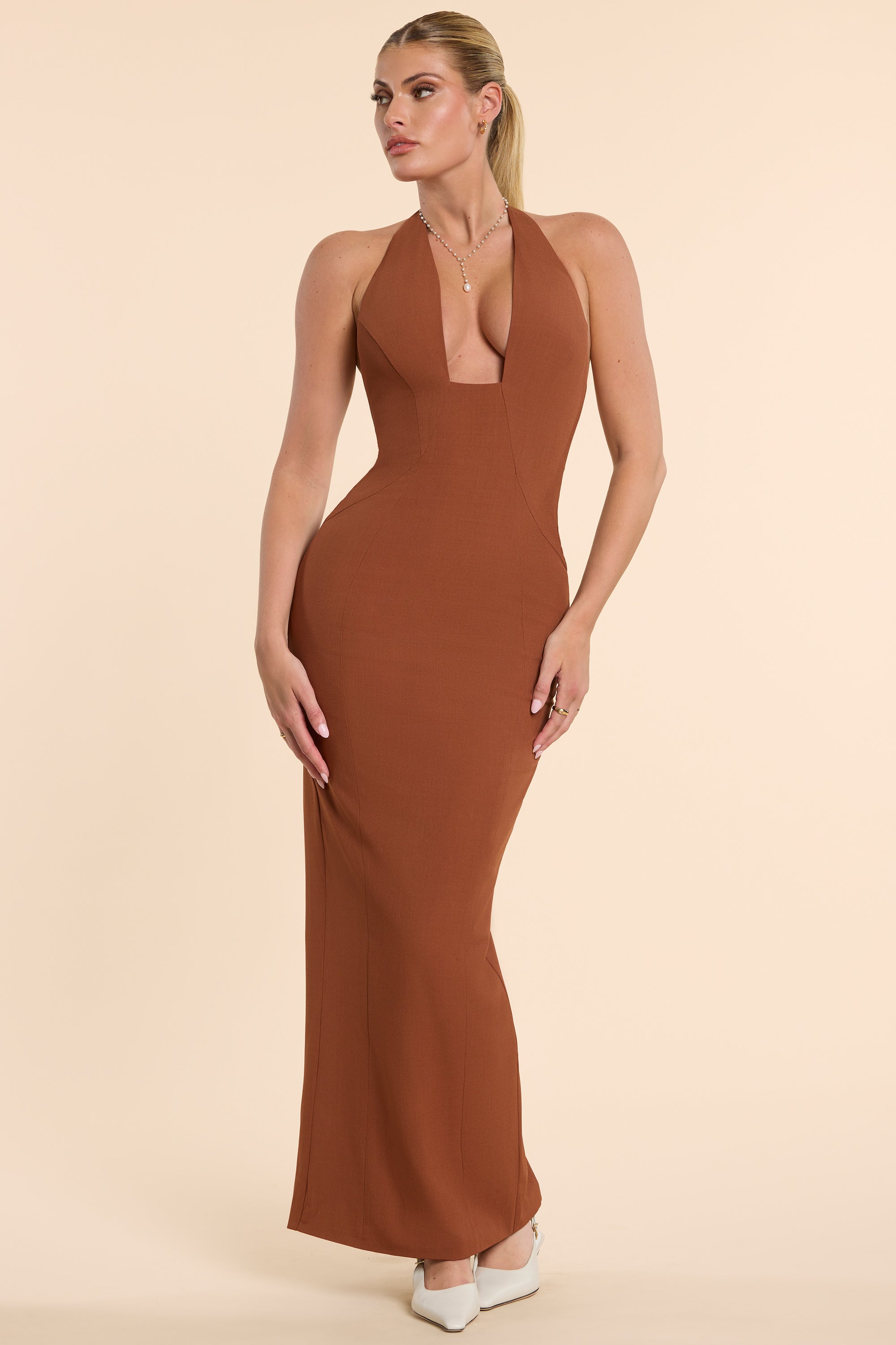 Woven Twill Halter Neck Plunge Maxi Dress in Chestnut Brown