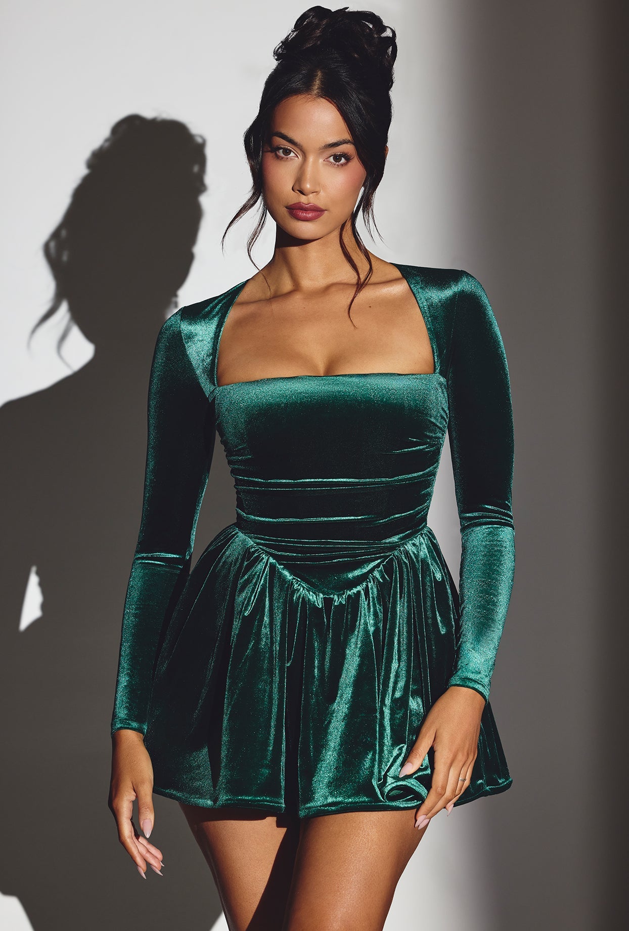 Velvet Long Sleeve Corset Mini Dress in Emerald Green