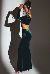 Velvet Mid-Rise Maxi Skirt in Emerald Green