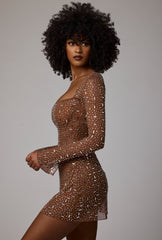 Sheer Embellished Long Sleeve A-Line Mini Dress in Mocha