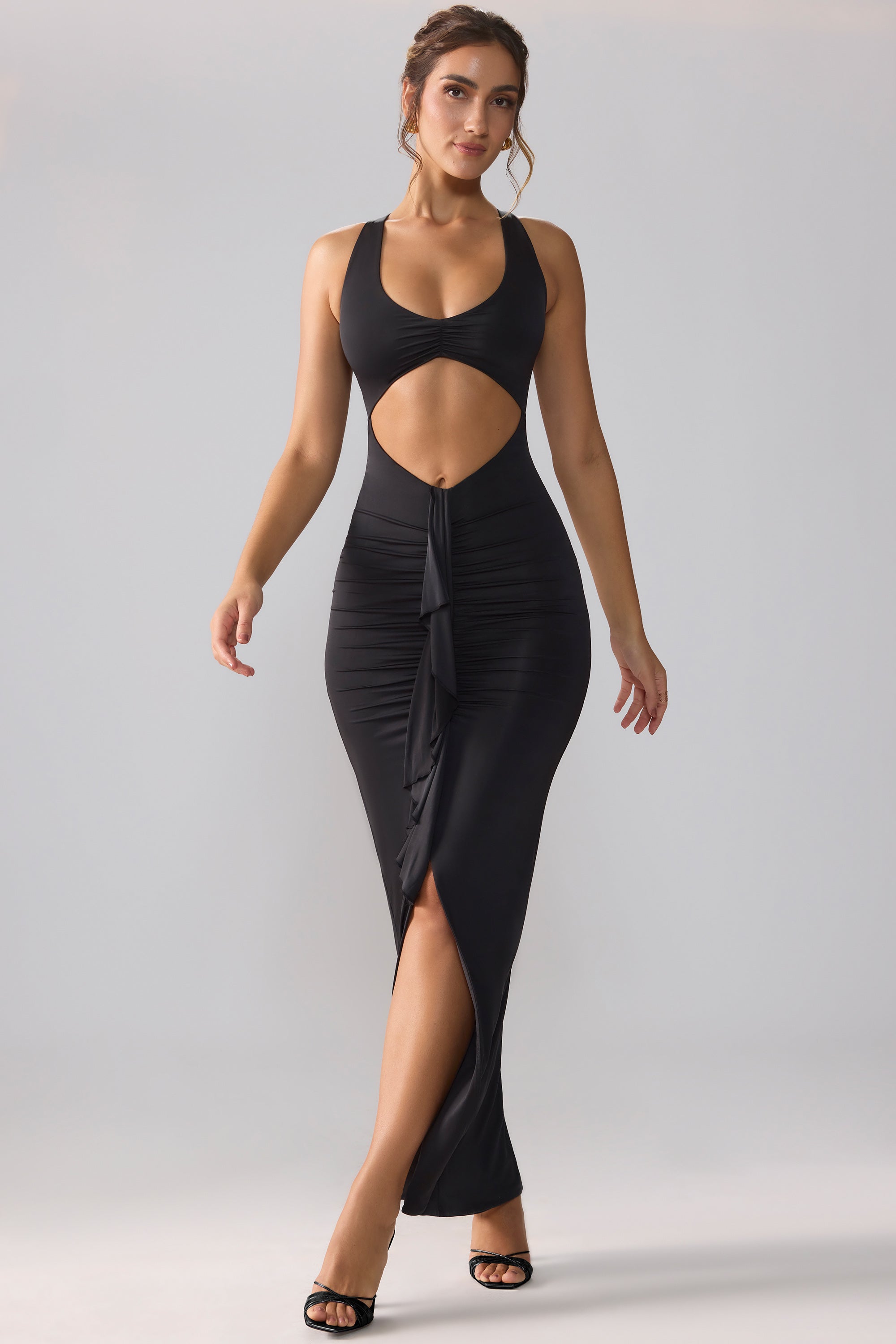 Slinky Jersey Cut Out Ruffle Racerback Maxi Dress in Black