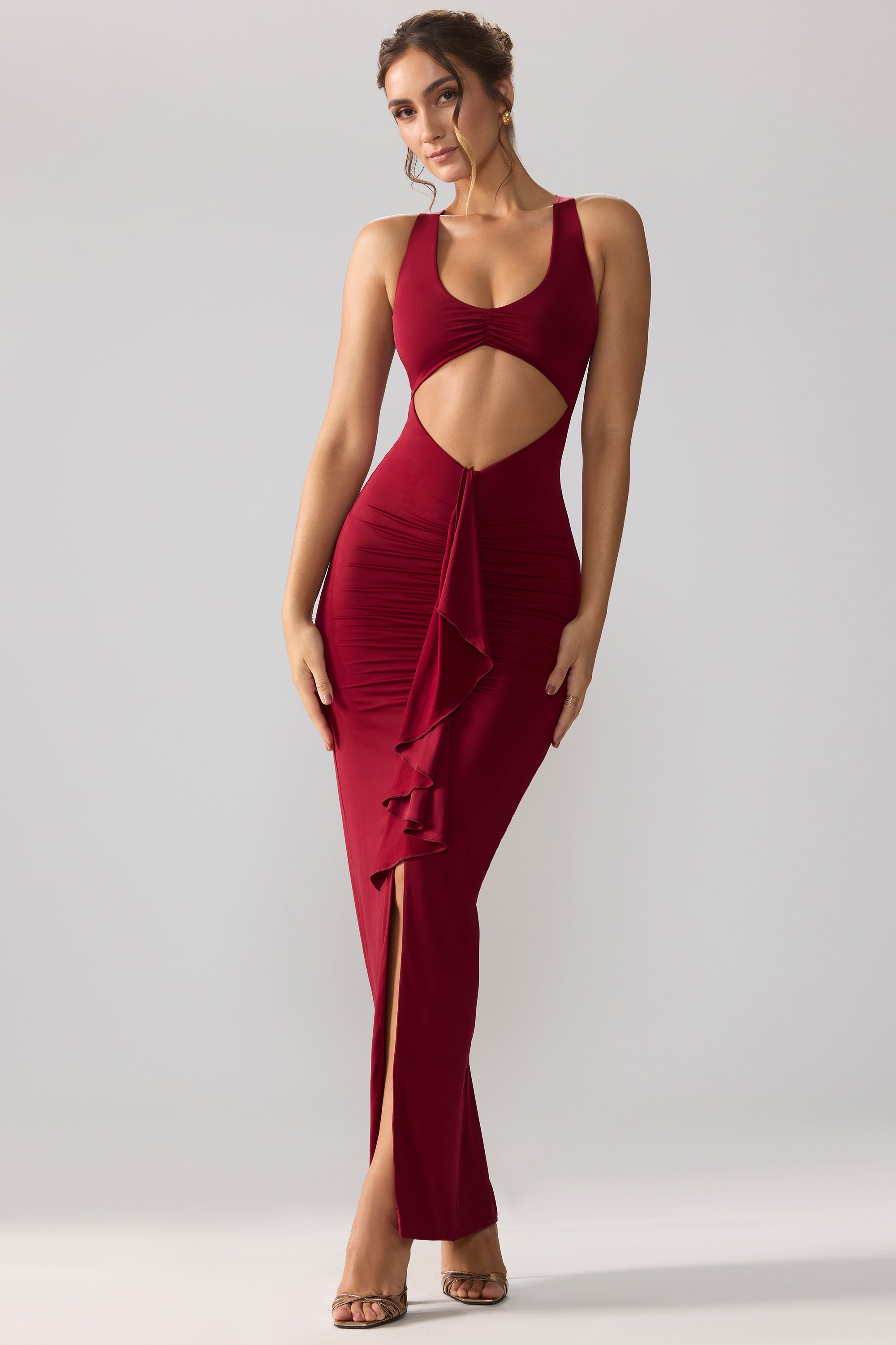 Slinky Jersey Cut Out Ruffle Racerback Maxi Dress in Ruby