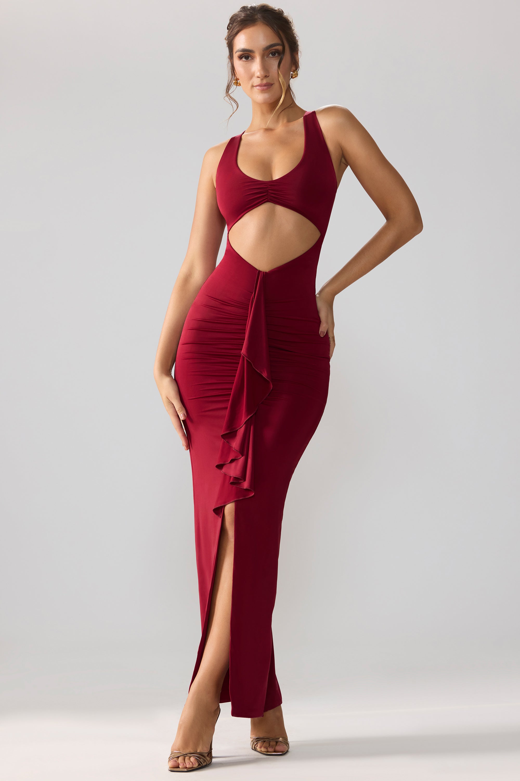 Slinky Jersey Cut Out Ruffle Racerback Maxi Dress in Ruby