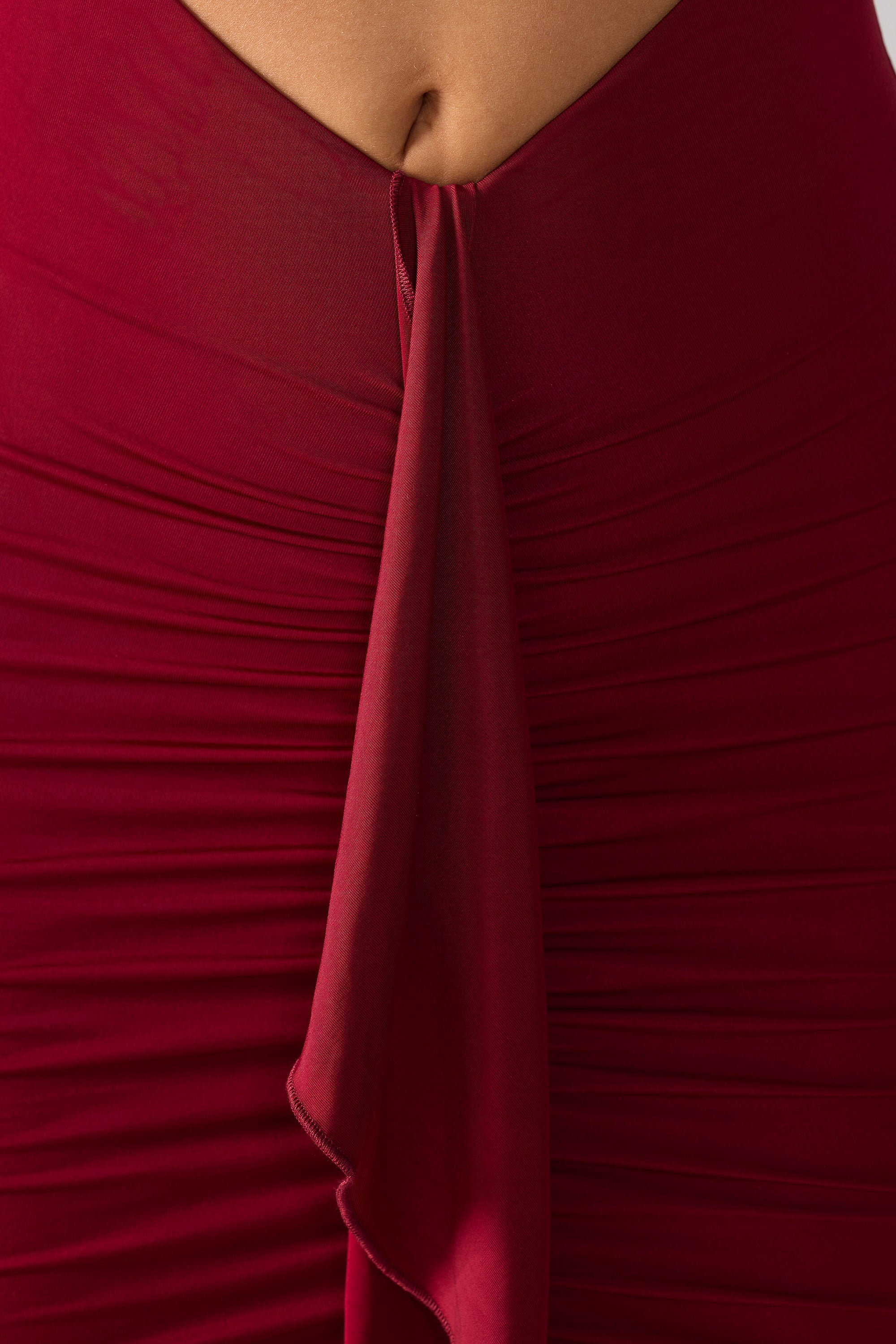 Slinky Jersey Cut Out Ruffle Racerback Maxi Dress in Ruby