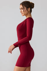 Slinky Jersey Long Sleeve Plunge Neck Mini Dress in Ruby