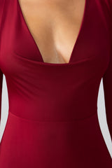 Slinky Jersey Long Sleeve Plunge Neck Mini Dress in Ruby