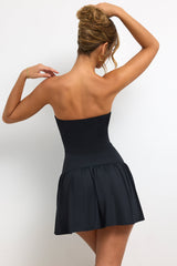 Slinky Jersey Strapless Plunge Neck Mini Dress in Black