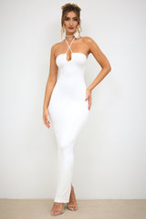 Slinky Jersey Rose Detail Halter Neck Maxi Dress in White