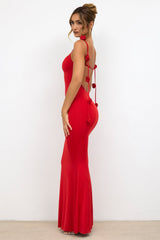 Slinky Jersey Rose Detail Evening Gown in Scarlet Red