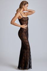 Sheer Lace Fishtail Gown in Black