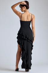 Panelled Ruffle Evening Gown in Black