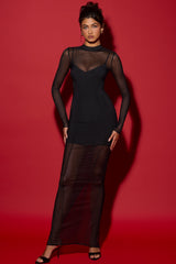 Long Sleeve Sheer Layered Maxi Dress in Black